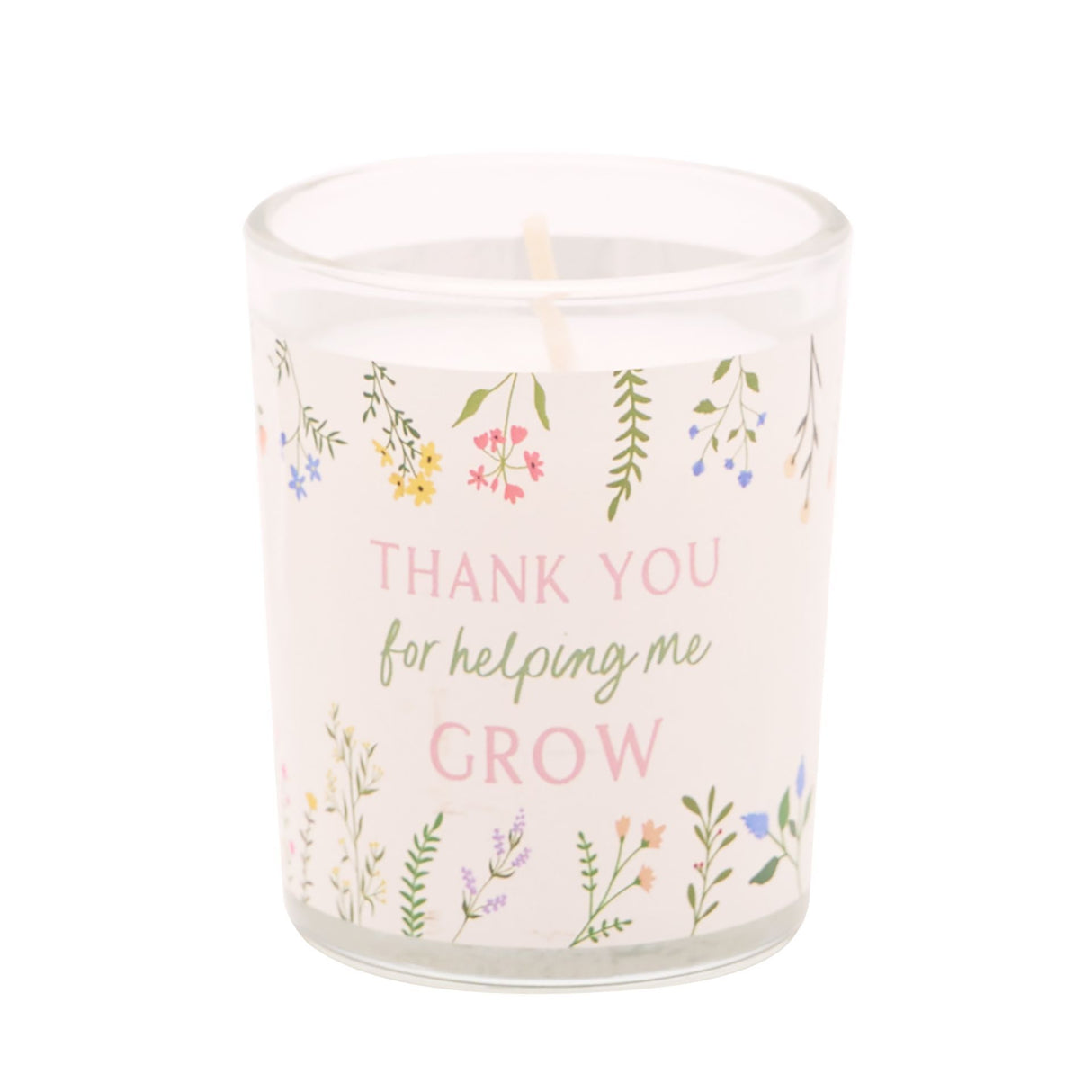A frosted glass candle with delicate watercolor floral illustrations in pink, yellow, purple and green featuring hanging flowers and botanical elements, with pink and sage green text reading "THANK YOU for helping me GROW" on a cream background