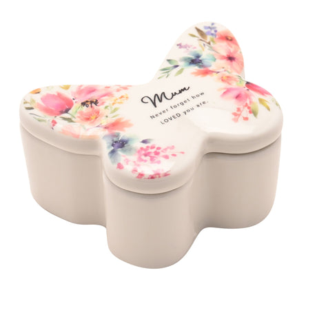White ceramic trinket box shaped like a flower with colorful watercolor floral design featuring pink, purple and blue flowers, lid inscribed with Mum and Never forget how LOVED you are sentiment