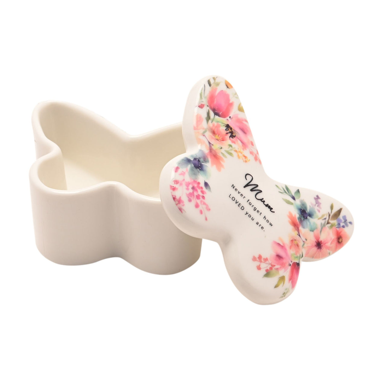 Ceramic butterfly-shaped trinket box in cream with colorful floral design featuring pink, red, purple and blue flowers, printed with "Mum Never forget how loved you are" text, shown with lid open to display white interior storage compartment