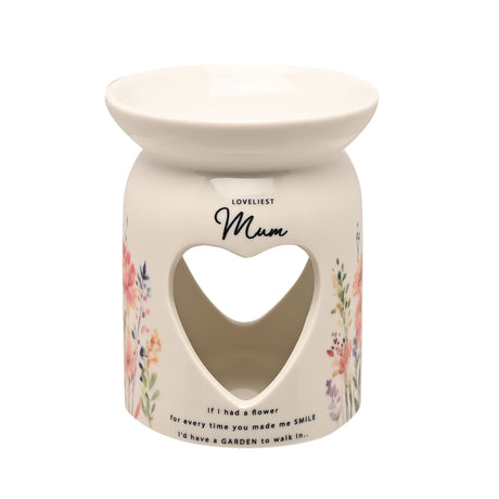 Decorative oil burner with floral design and 'Loveliest Mum' text on a white background