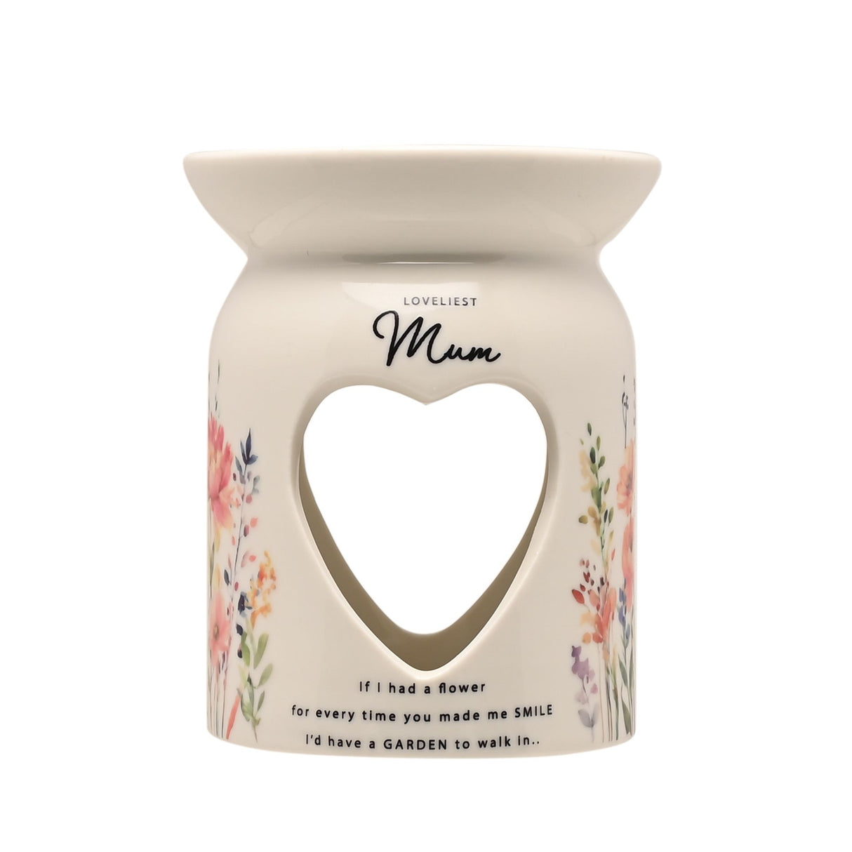 Cream ceramic wax melt burner with heart-shaped cutout, decorated with watercolor flowers in pink, orange and purple, labeled "Loveliest Mum" with sentimental text about smiles and gardens