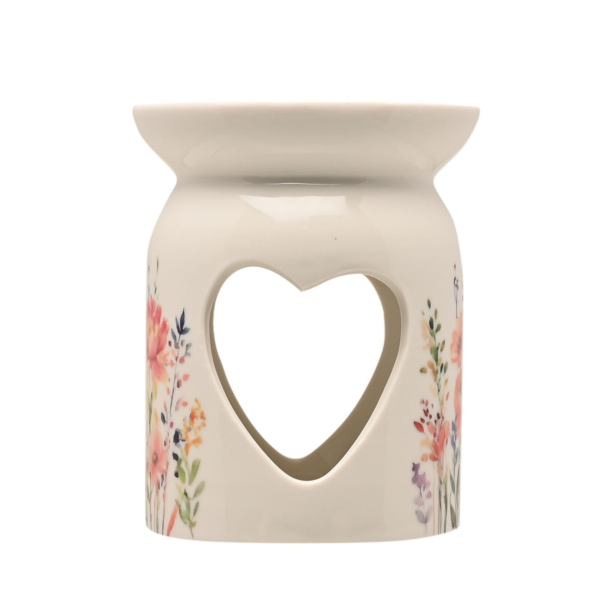 Cream ceramic wax melt burner with heart-shaped cutout and floral watercolor design featuring pink, purple and yellow wildflowers on lower sides, Cottage Garden style