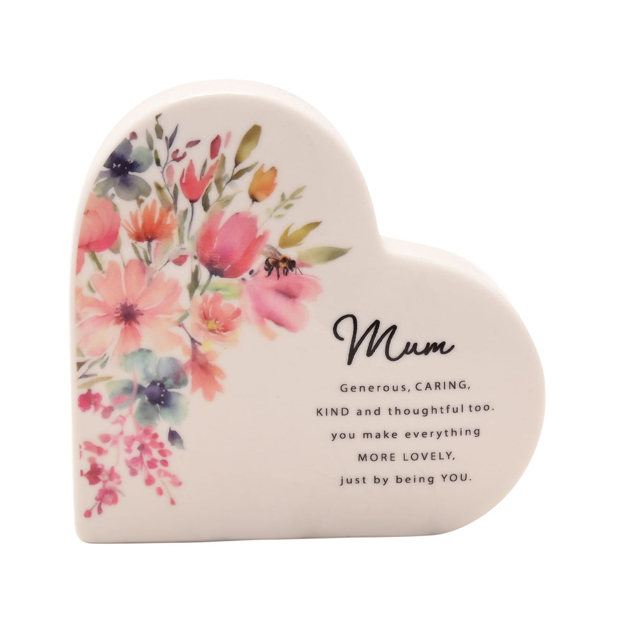 Heart-shaped decorative item with floral design and text on a white background