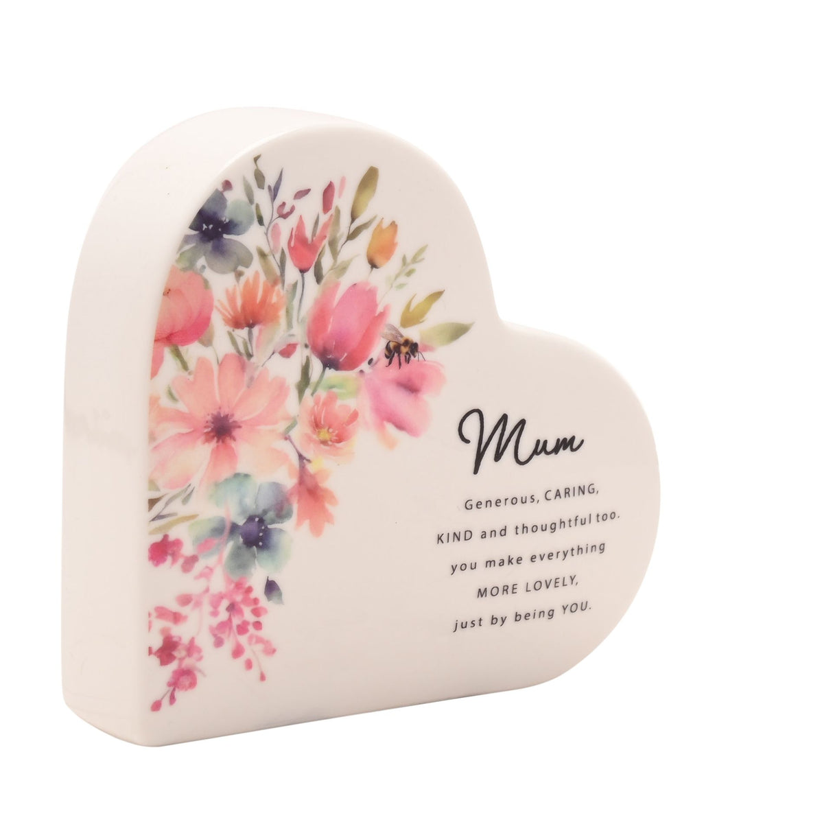 Cream ceramic heart-shaped decorative piece featuring watercolor floral design with pink, coral and purple flowers, bee detail, and black text reading Mum with sentiment about being generous, caring, kind and thoughtful