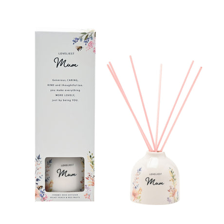 Loveliest Mum ceramic reed diffuser with pink reeds and floral packaging, featuring velvet peach and red fruits fragrance from Celebrations The Cottage Garden collection