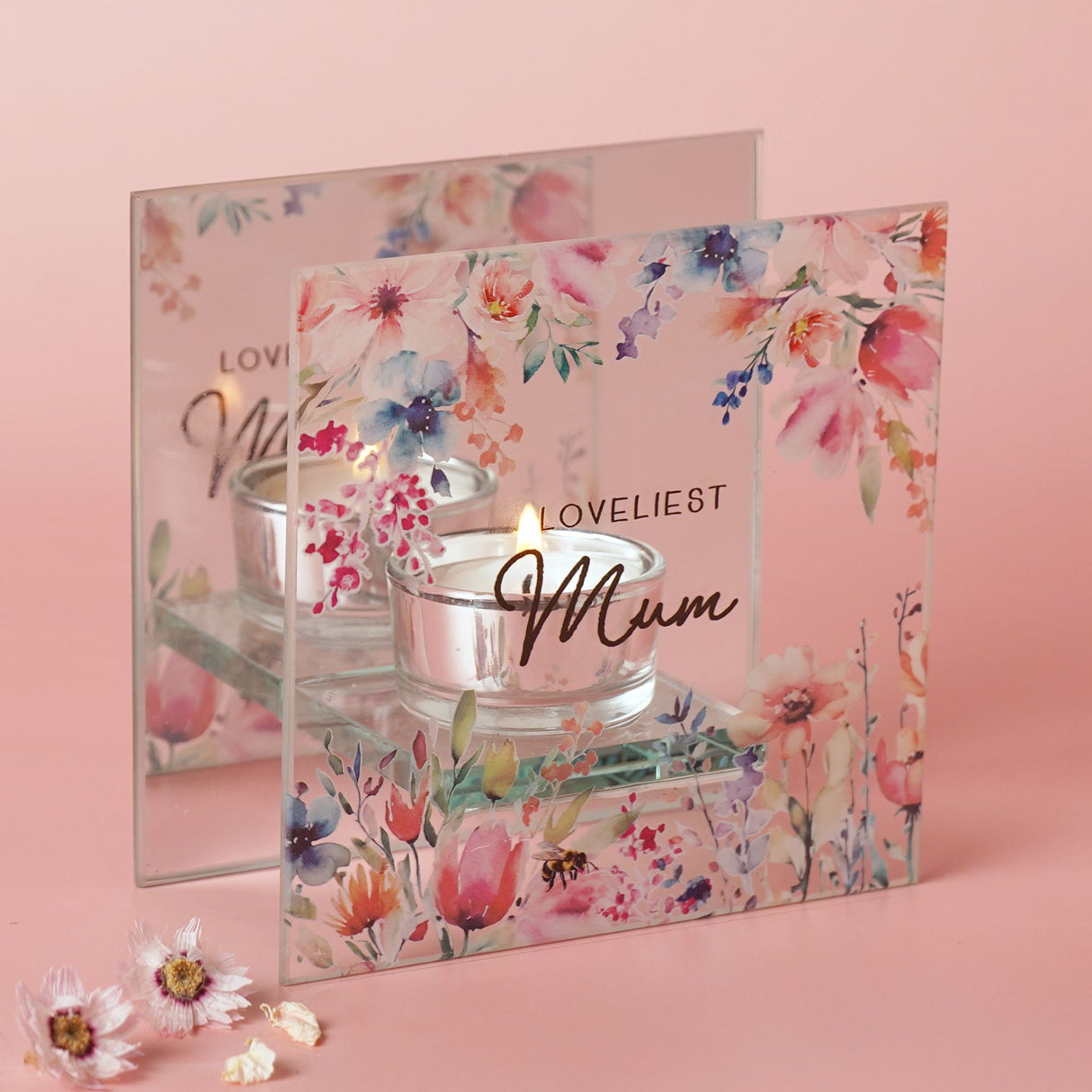 Greeting card with floral design and 'Loveliest Mum' text on a pink background