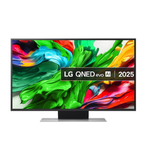 LG 43 inch QNED Evo AI 4K Smart TV model 43QNED87A6D.AEK displaying vibrant colorful abstract imagery with green, red, blue and yellow swirls on screen, featuring a black bezel and silver stand against white background