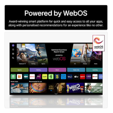 LG 43 inch QNED Evo AI smart TV interface showing WebOS platform with colorful app tiles including streaming services, games and entertainment options displayed on screen with navigation menu and webOS logo