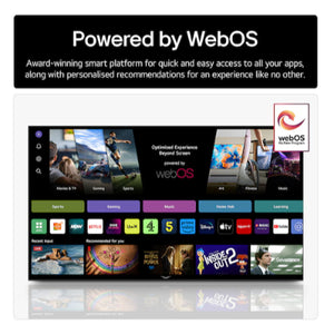 LG 43 inch QNED Evo AI smart TV interface showing WebOS platform with colorful app tiles including streaming services, games and entertainment options displayed on screen with navigation menu and webOS logo