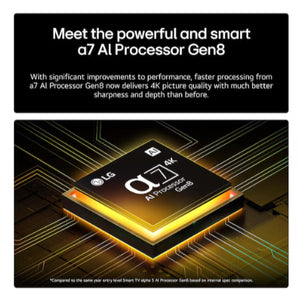LG a7 AI Processor Gen8 chip with golden lighting on circuit board background showcasing 4K processing technology for QNED87 smart TV