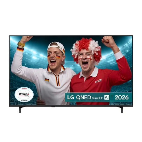 LG QNED MiniLED AI 2026 55-inch smart TV displaying two men in sports fan attire celebrating in a stadium, with Which? Reliability award badge and product model number visible on screen bezel