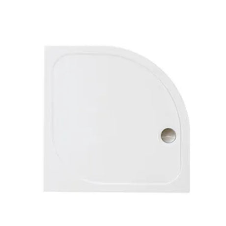 White quadrant shower tray with curved corner design and central drain hole, modern acrylic construction for bathroom installation