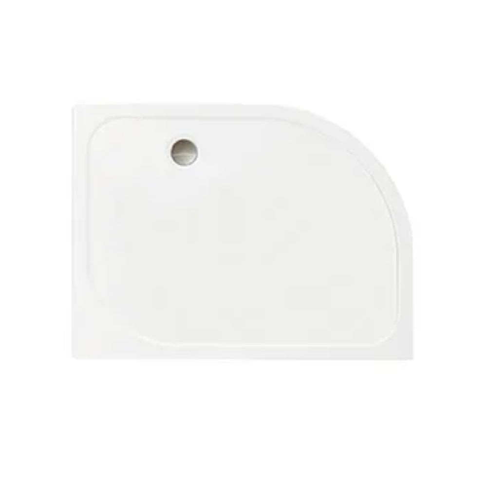 White ceramic quadrant shower tray with rounded corners and central drain hole, viewed from above at an angle