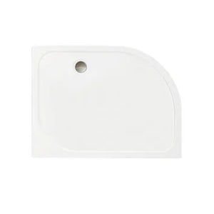 White ceramic quadrant shower tray with rounded corners and central drain hole, viewed from above at an angle
