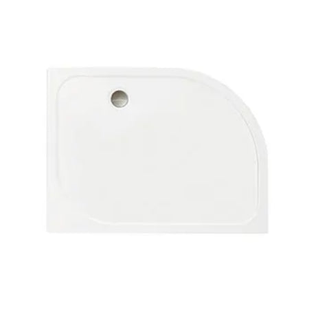 White ceramic quadrant shower tray with rounded corners and central drain hole, viewed from above at an angle
