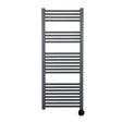Grey electric heated towel rail with horizontal bars and digital thermostat control, 1320mm tall, featuring a sleek modern design with vertical side supports