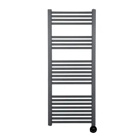 Grey electric heated towel rail with horizontal bars and digital thermostat control, 1320mm tall, featuring a sleek modern design with vertical side supports
