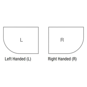 Diagram showing left-handed and right-handed configurations of a Merlyn Level25 shower tray, featuring curved bottom corners and straight edges in gray outline on white background