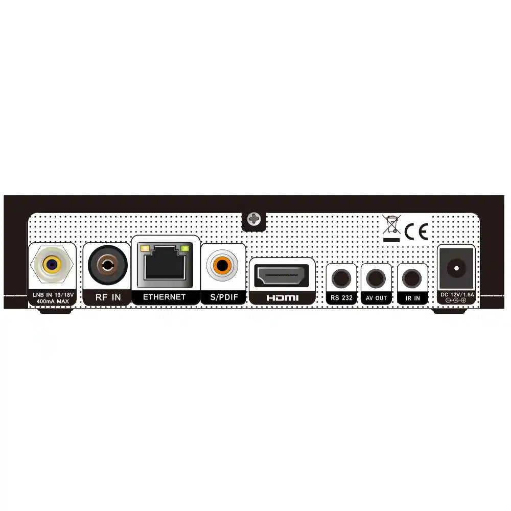 Rear panel view of Amiko HD 4K Combo Receiver showing input and output connectors including LNB IN, RF IN, Ethernet, S/PDIF, HDMI, RS 232, AV OUT, IR IN, and DC power port on black background with dotted pattern
