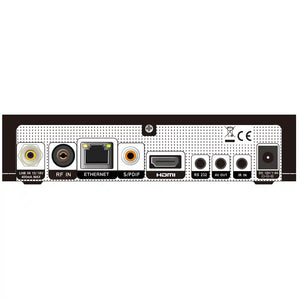Rear panel view of Amiko HD 4K Combo Receiver showing input and output connectors including LNB IN, RF IN, Ethernet, S/PDIF, HDMI, RS 232, AV OUT, IR IN, and DC power port on black background with dotted pattern