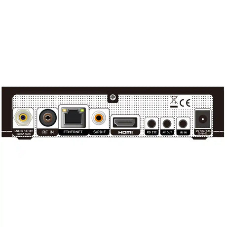 Rear panel view of Amiko HD 4K Combo Receiver showing input and output connectors including LNB IN, RF IN, Ethernet, S/PDIF, HDMI, RS 232, AV OUT, IR IN, and DC power port on black background with dotted pattern