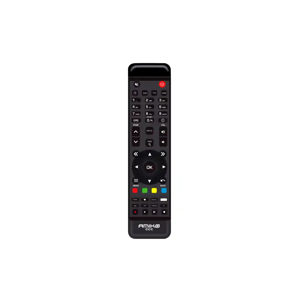 Black remote control for Amiko HD 4K Combo receiver with numeric keypad, colored buttons, navigation controls and media playback functions