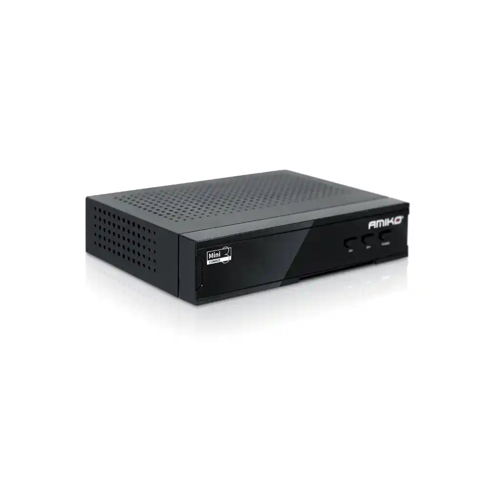 Black Amiko Mini Combo HD 4K satellite and Saorview receiver box with perforated ventilation panel and front display controls