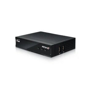 Amiko Mini Combo 3 black HD 4K satellite and Saorview receiver box with perforated top panel and front control buttons