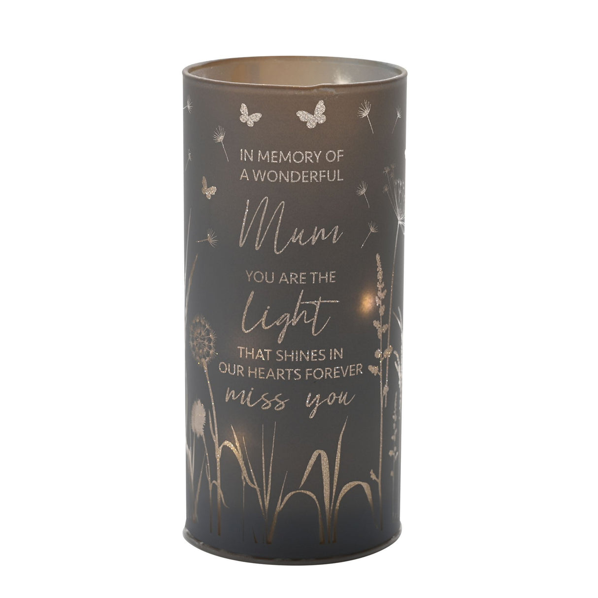 Dark grey cylindrical tube light with gold botanical designs including dandelions and butterflies, containing memorial text for a mother reading "In Memory of a Wonderful Mum, You are the light that shines in our hearts forever, miss you"