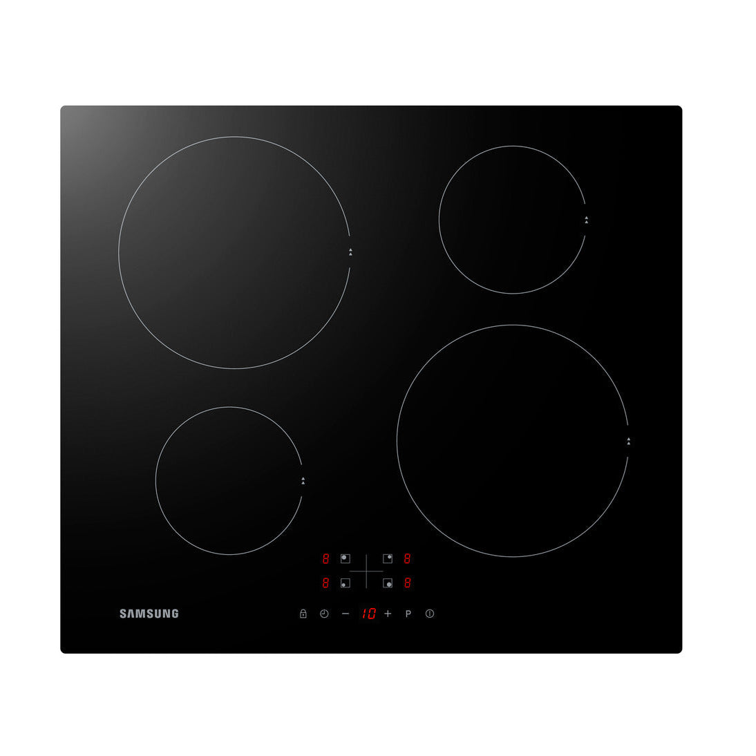 Samsung Series 3 black induction hob cooktop with four circular cooking zones and touch controls displaying temperature reading