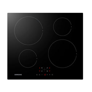 Samsung Series 3 black induction hob cooktop with four circular cooking zones and touch controls displaying temperature reading