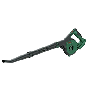Bosch Universal Garden Leaf Blower cordless 18V in green and black with ergonomic handle, front view showing motor housing and nozzle attachment