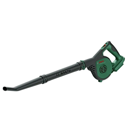 Bosch Universal Garden Leaf Blower cordless 18V in green and black with ergonomic handle, front view showing motor housing and nozzle attachment