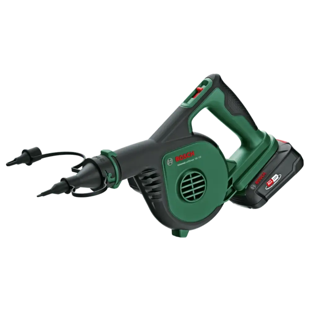 Bosch Universal Garden Leaf Blower cordless 18V in green and black with battery and charger included, featuring ergonomic handle and air intake vents