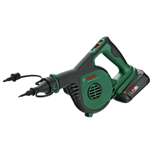 Bosch Universal Garden Leaf Blower cordless 18V in green and black with battery and charger included, featuring ergonomic handle and air intake vents