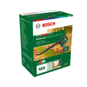 Bosch Universal LeafBlower 18V-130 cordless garden leaf blower in green and black with 18V battery and charger shown in product packaging box