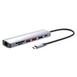 Manhattan USB-C 7-in-1 docking station with gray aluminum body, attached black braided USB-C cable, featuring two HDMI ports, two red USB ports, SD card reader, and Ethernet port on left end