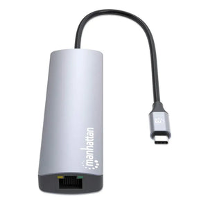 Manhattan USB-C 7-in-1 docking station with silver cylindrical body, black base with Ethernet port, and attached black braided USB-C cable