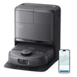 Eufy Omni C28 black robot vacuum and mop with auto-empty dustbin station, displayed alongside smartphone showing mobile app control interface