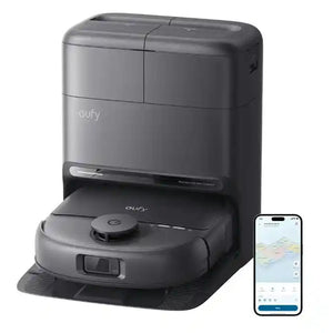 Eufy Omni C28 black robot vacuum and mop with auto-empty dustbin station, displayed alongside smartphone showing mobile app control interface