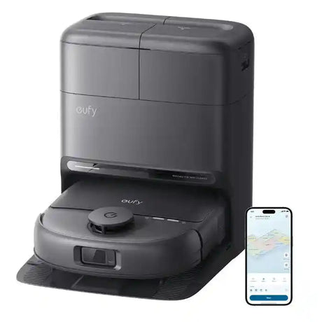 Eufy Omni C28 black robot vacuum and mop with auto-empty dustbin station, displayed alongside smartphone showing mobile app control interface