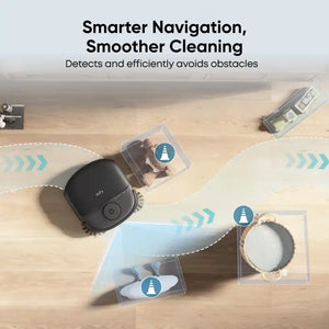 Overhead view of Eufy Omni C28 black robot vacuum on light wooden floor demonstrating obstacle detection and navigation with dotted path lines, beacon icons, and surrounding accessories including dustbin and mop pad