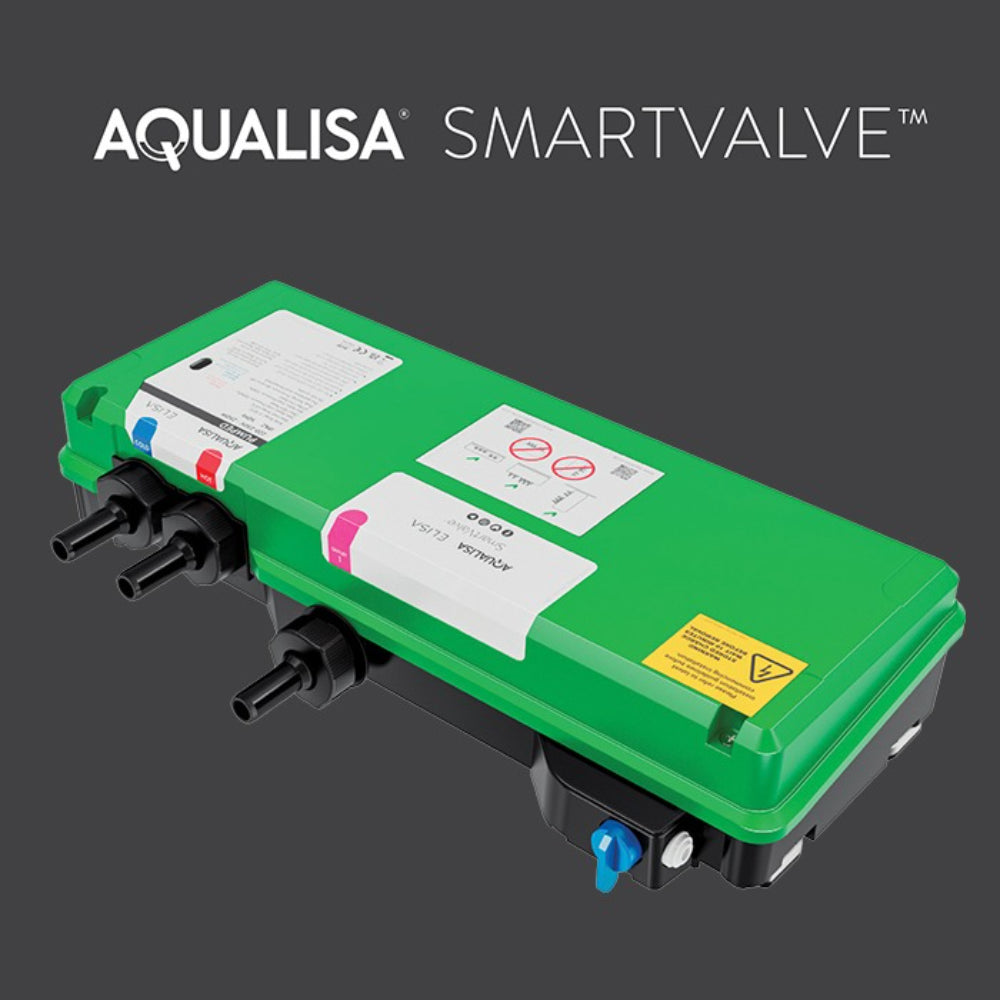 Aqualisa SmartValve green control unit with black connectors, white label panels with red indicators, and yellow warning label displayed on dark background
