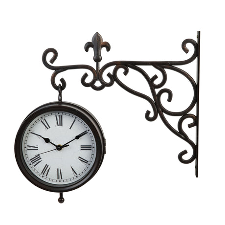 Decorative wall clock with ornate metal bracket on a white background