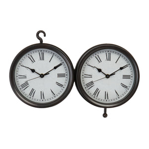 Dual black metal wall bracket hanging clock with Roman numerals on white faces displaying different times, vintage country style timepiece