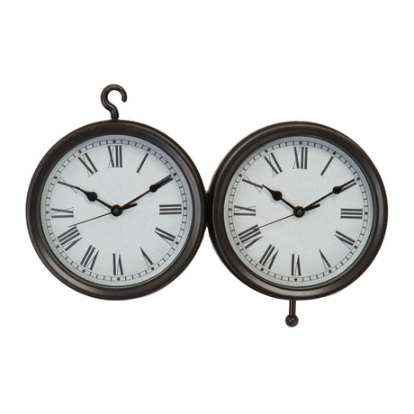 Dual black metal wall bracket hanging clock with Roman numerals on white faces displaying different times, vintage country style timepiece