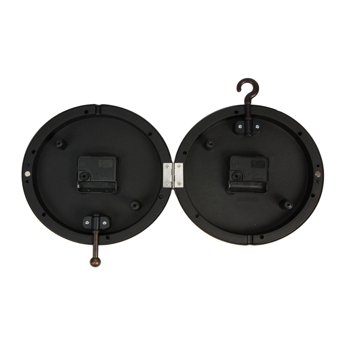 Rear view of two black circular wall clocks showing battery compartments and mounting hardware, with one clock featuring a hook hanger on top