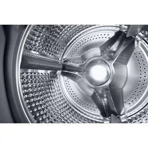 Close-up view of Samsung Series 5 Ecobubble washer dryer drum interior showing stainless steel perforated tub with textured surface and central agitator in graphite finish