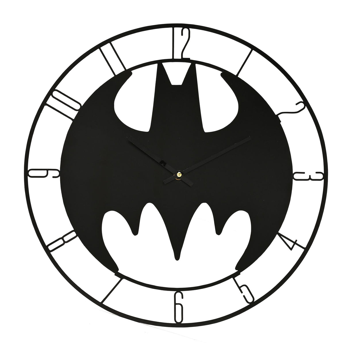 Black bat-shaped clock with white accents on a white background