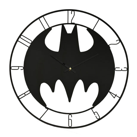 Black bat-shaped clock with white accents on a white background